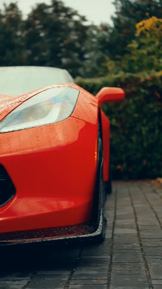 Przód czerwonej Corvette na mokrej kostce, w tle zielone krzewy i drzewa