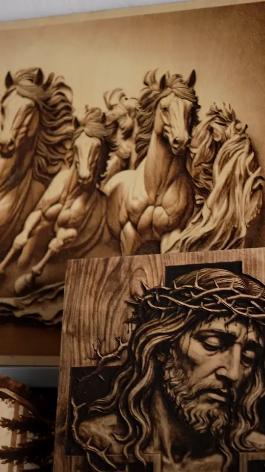 Obrazy wypalone w drewnie: galopujące konie i Chrystus w koronie cierniowej